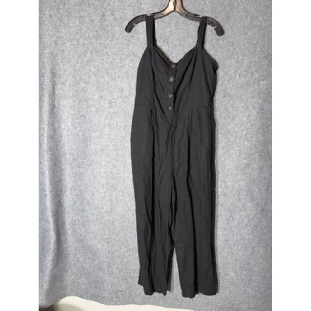 Old Navy Black Linen Blend Wide Leg Jumpsuit Large Smocked Back V-Neck Pocket - Picture 2 of 8